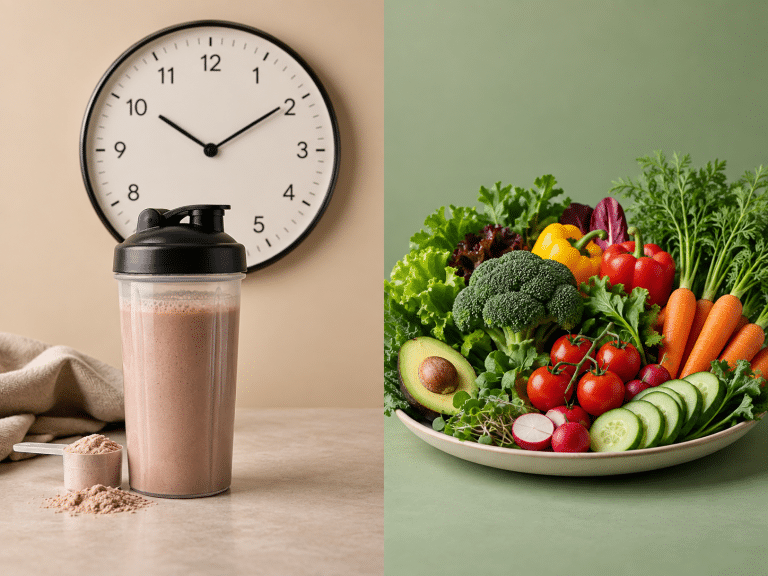 Split-Screen-Vergleich zum Thema Proteinfasten: Links ein Proteinshake mit Pulver und einer Wanduhr, rechts eine Schüssel mit frischem, vielfältigem Gemüse als Symbol für die pflanzliche Lebensmittelmatrix
