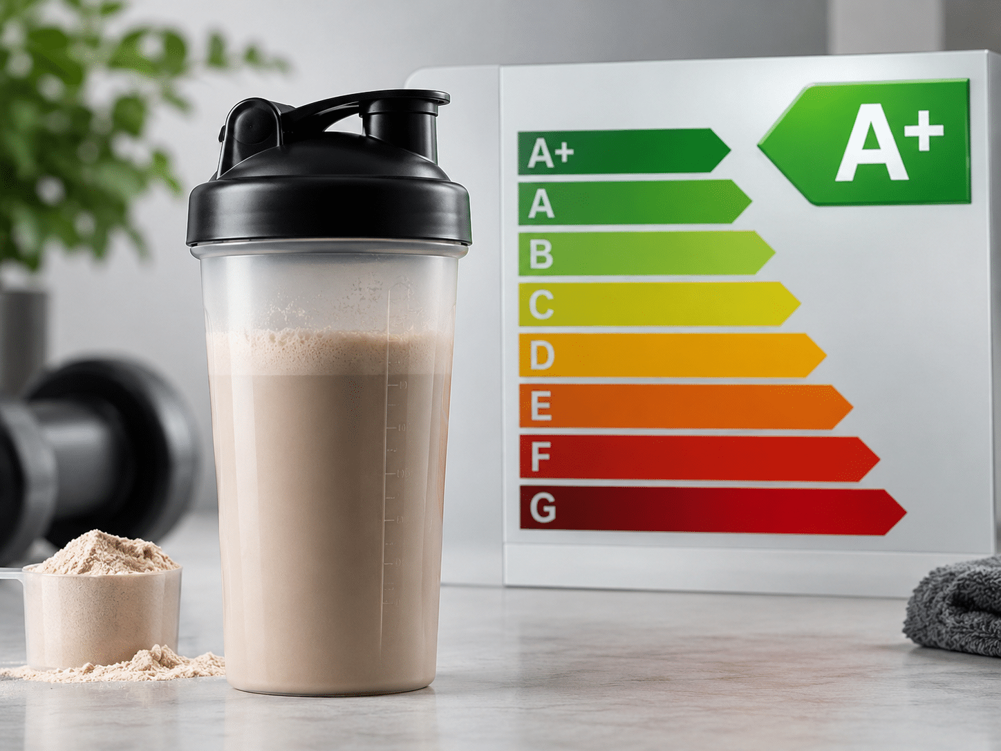 Ein Proteinshake vor einer klassischen Energieeffizienzskala (A+ bis G), als visuelle Metapher für den hohen Energieverbrauch und thermischen Effekt bei der Verdauung von Proteinen