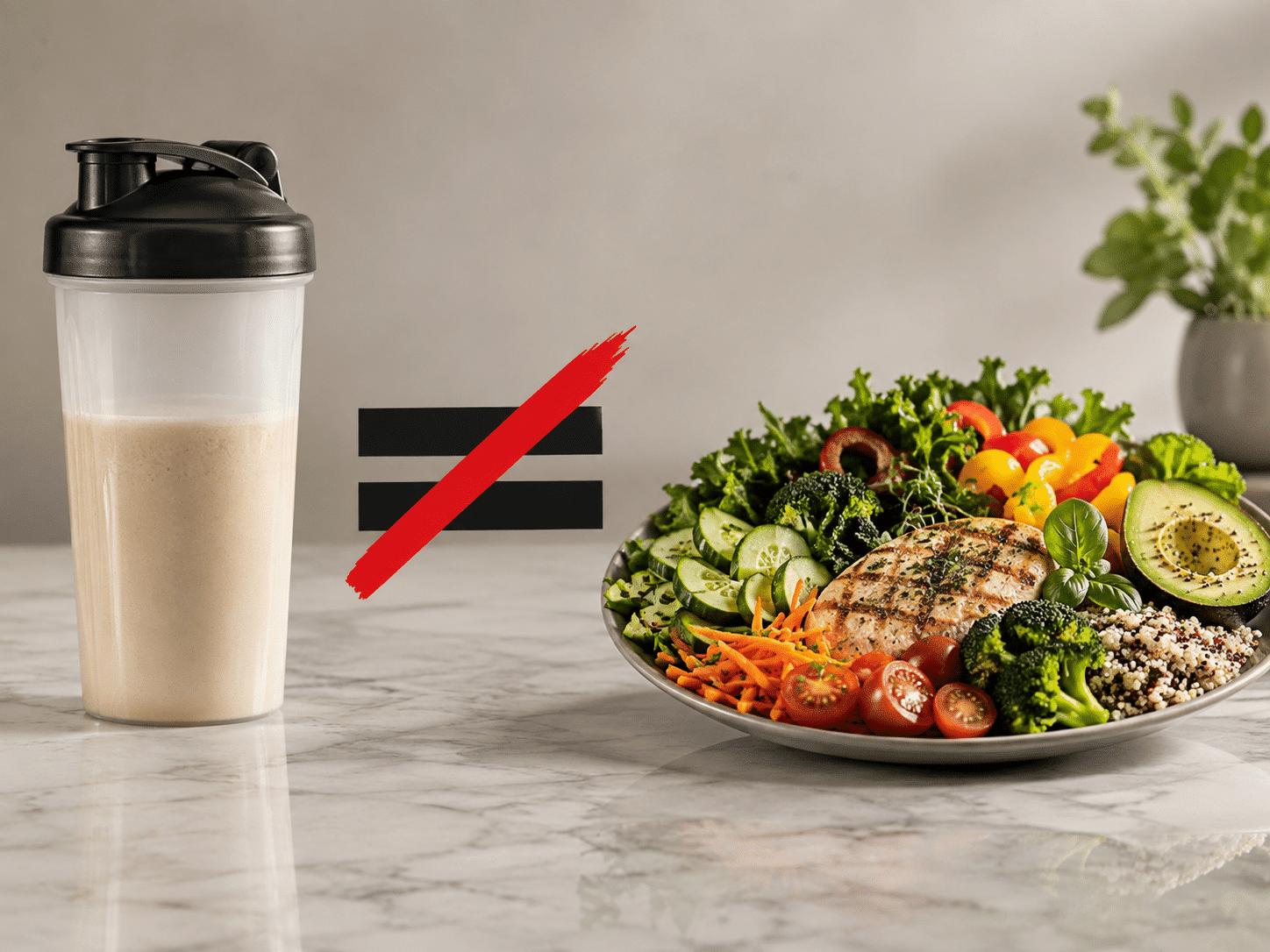 Ein durchgestrichenes Gleichheitszeichen zwischen einem Proteinshake und einer vollwertigen Mahlzeit verdeutlicht visuell, dass ein reiner Shake kein vollwertiger Mahlzeitenersatz ist
