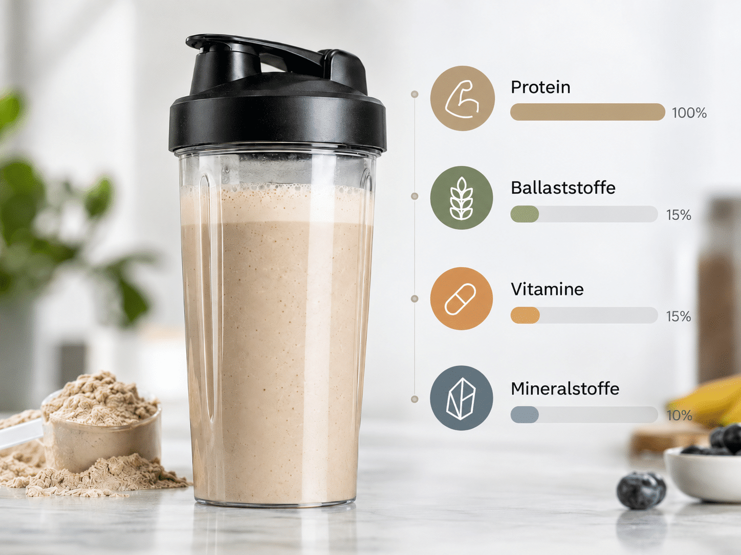 Ein Proteinshake mit einer Infografik, die verdeutlicht, dass das Isolat zwar den Makronährstoff Protein zu 100 % liefert, es ihm aber an essenziellen Ballaststoffen, Vitaminen und Mineralstoffen mangelt