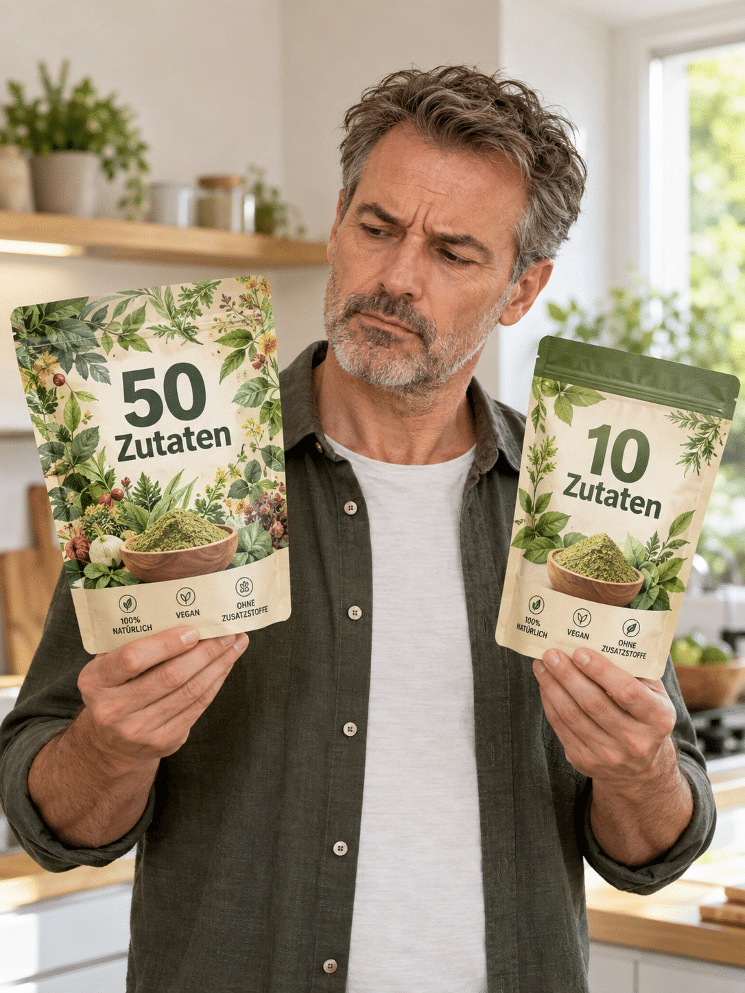 Ein Mann mittleren Alters blickt skeptisch und nachdenklich auf zwei Verpackungen, die er in den Händen hält: In der linken Hand eine Packung mit der Aufschrift „10 Zutaten“, in der rechten Hand eine Packung mit „50 Zutaten“.