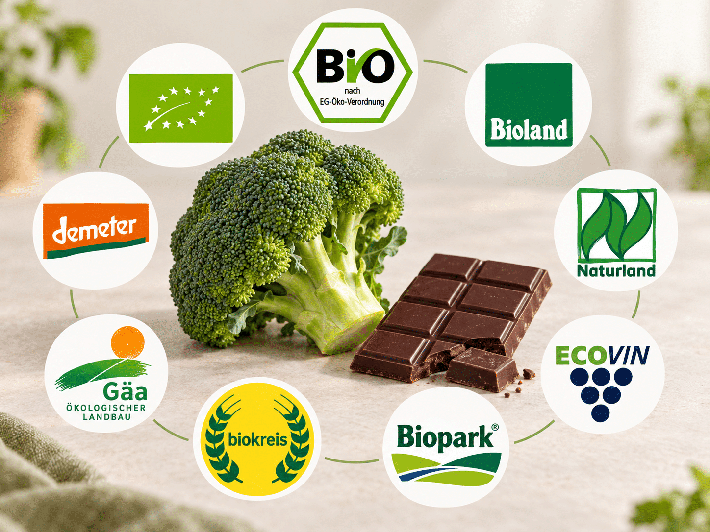 Ein Brokkoli und ein Stück Schokolade liegen auf einem Tisch, umgeben von einem Kreis aus verschiedenen bekannten Bio-Siegeln wie dem EU-Bio-Logo, dem deutschen Bio-Siegel, Demeter, Bioland und Naturland.