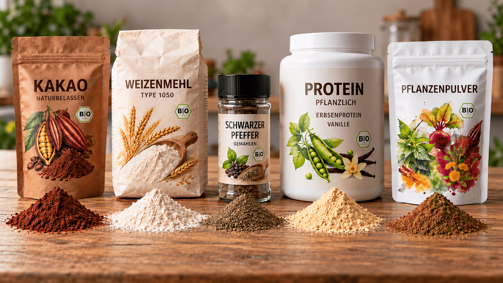 Fünf verschiedene Lebensmittelverpackungen – Kakao, Weizenmehl, gemahlener schwarzer Pfeffer, Erbsenprotein und Pflanzenpulver – stehen nebeneinander auf einem Holztisch, jeweils mit einem kleinen Häufchen des entsprechenden Pulvers davor.