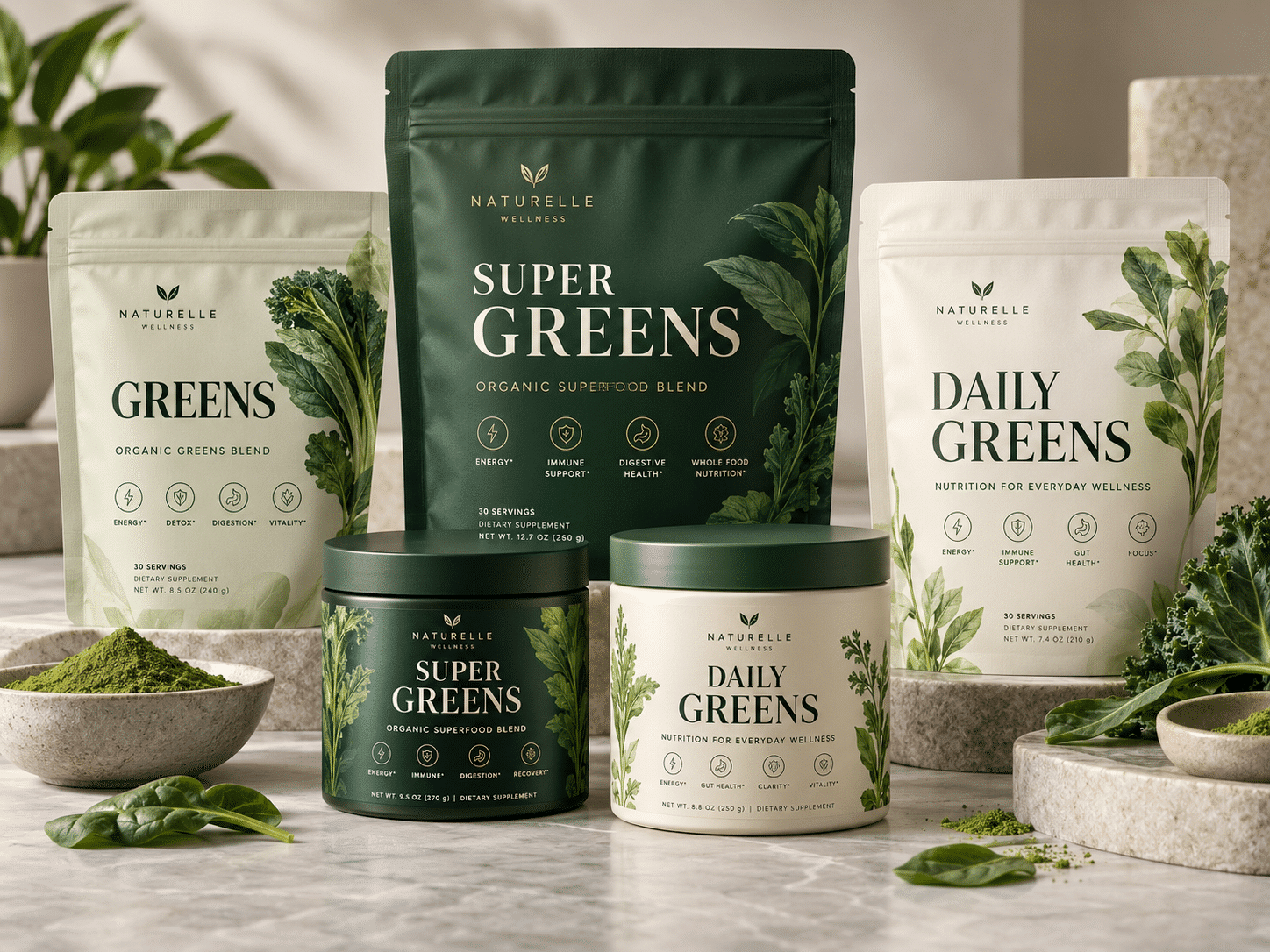 Fünf verschiedene Produktverpackungen verschiedener grüner Puver mit den Aufschriften „Greens“, „Super Greens“ und „Daily Greens“ sind dekorativ auf Steinelementen arrangiert.