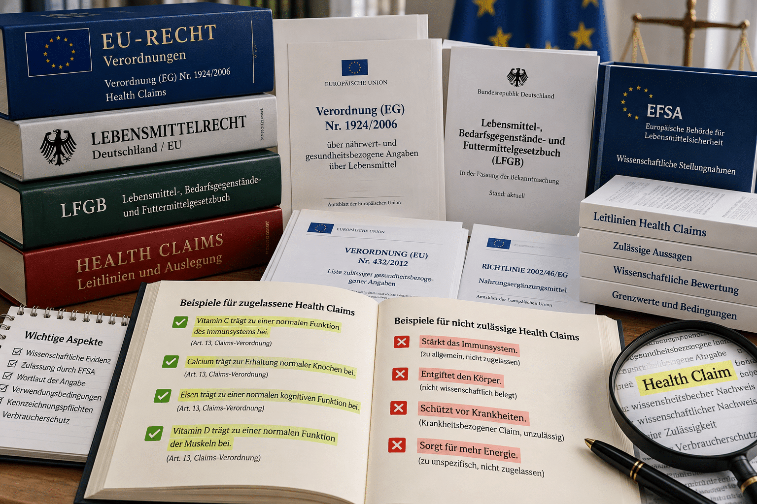 Ein Schreibtisch voller Gesetzestexte zum Lebensmittelrecht und der EFSA, im Vordergrund liegt ein aufgeschlagenes Buch, das in einer Tabelle mit grünen Häkchen und roten Kreuzen zulässige und unzulässige Beispiele für Health Claims gegenüberstellt.