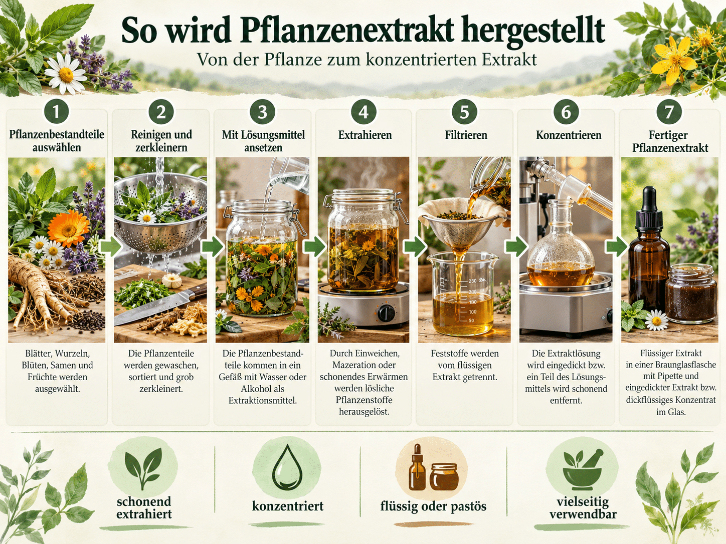 Eine Infografik mit dem Titel „So wird Pflanzenextrakt hergestellt“ zeigt in sieben nummerierten Schritten den Weg von der Auswahl der Pflanzenbestandteile über das Ansetzen mit Lösungsmitteln, Extrahieren, Filtrieren und Konzentrieren bis hin zum fertigen flüssigen oder pastösen Pflanzenextrakt.