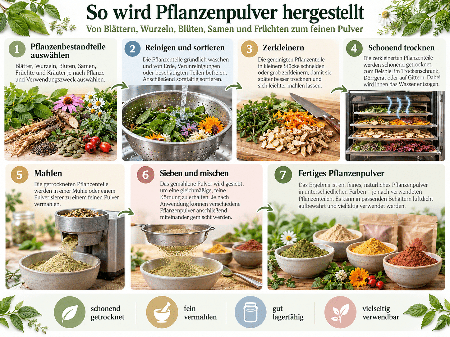 Eine Infografik mit dem Titel „So wird Pflanzenpulver hergestellt“ zeigt in sieben nummerierten Schritten den Produktionsweg von der Auswahl der Pflanzenbestandteile über Reinigen, Zerkleinern und schonendes Trocknen bis hin zum Mahlen, Sieben und dem fertigen Pulver.