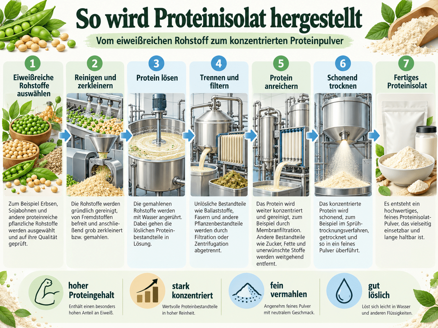 Eine Infografik mit dem Titel „So wird Proteinisolat hergestellt“ zeigt in sieben nummerierten Schritten den technologischen Weg von eiweißreichen Rohstoffen wie Erbsen und Sojabohnen über Reinigen, Eiweiß lösen, Trennen, Protein anreichern und schonendes Trocknen bis zum fertigen Proteinisolat.