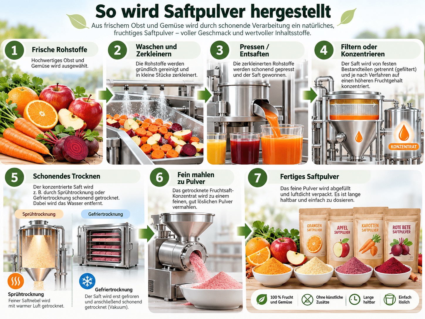 Eine Infografik mit dem Titel „So wird Saftpulver hergestellt“ zeigt in sieben nummerierten Schritten den Produktionsweg von frischen Rohstoffen wie Äpfeln, Orangen und Karotten über das Waschen, Entsaften und Konzentrieren bis hin zum schonenden Trocknen, Mahlen und der Verpackung des fertigen Pulvers.