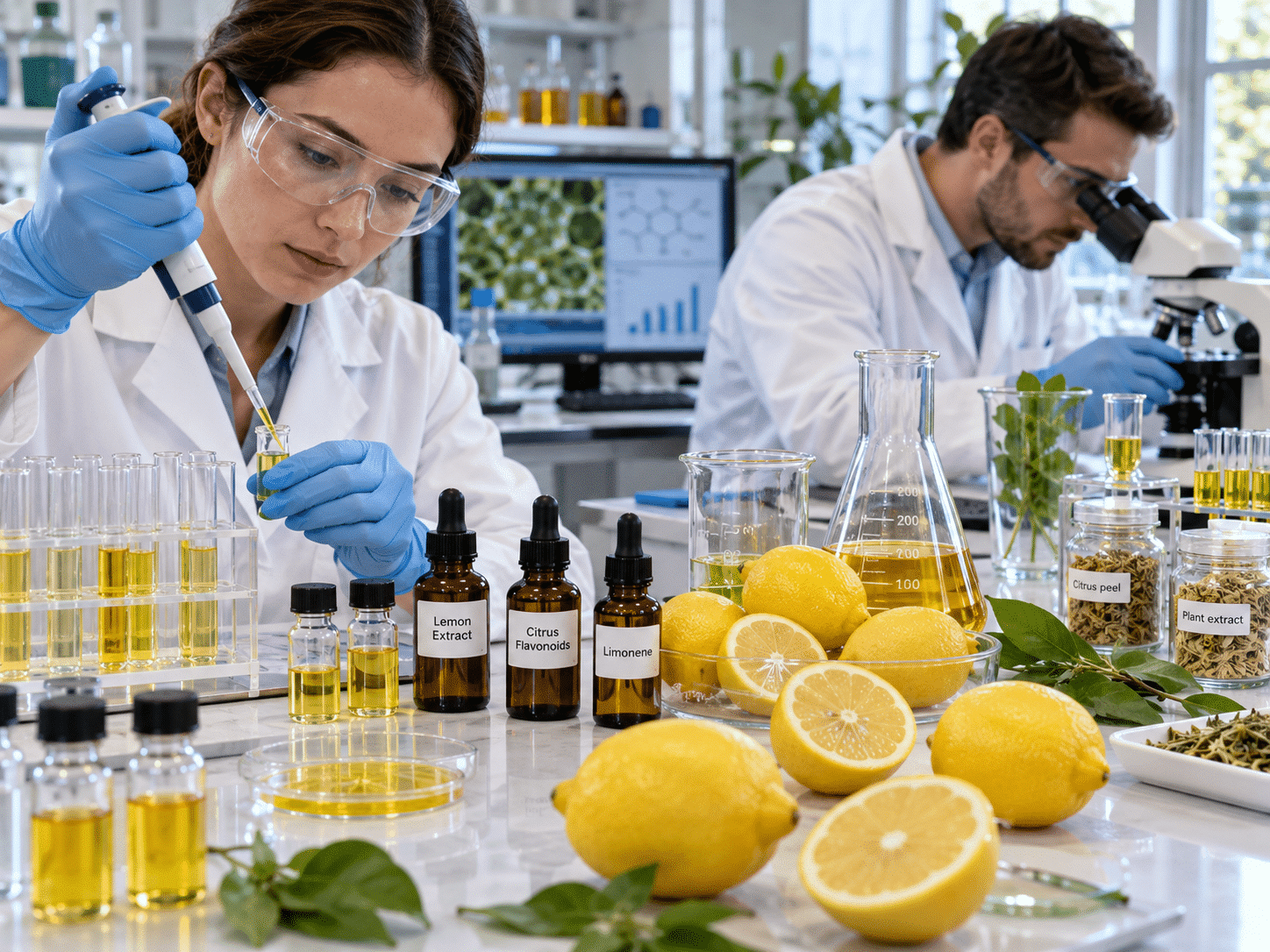 Zwei Laborangestellte in weißen Kitteln arbeiten an einem Labortisch, auf dem neben Reagenzgläsern, Pipetten und braunen Fläschchen auch frische Zitronen, Minze und getrocknete Kräuter für eine Analyse bereitliegen.