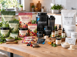 Ein großes Sortiment an verschiedenen Pulverprodukten steht auf einer Holztheke, aufgeteilt in Produktgruppen für Greenspulver, Superfood-Pulvermixe, Sportler-Nahrung und Proteinisolate mit passenden Schalen, Pulverproben und frischen Zutaten.