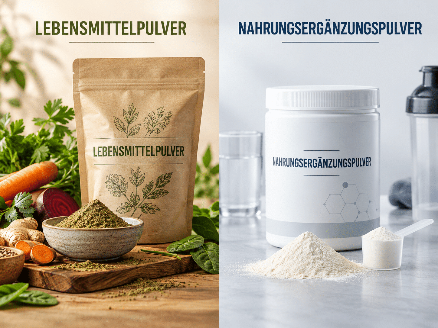 Ein zweigeteiltes Vergleichsbild: Links steht unter der Überschrift „Lebensmittelpulver“ ein brauner Kraftpapierbeutel mit grünem Pulver, umgeben von frischem Gemüse. Rechts steht unter „Nahrungsergänzungspulver“ eine weiße Kunststoffdose mit feinem hellem Pulver, einem Messlöffel.